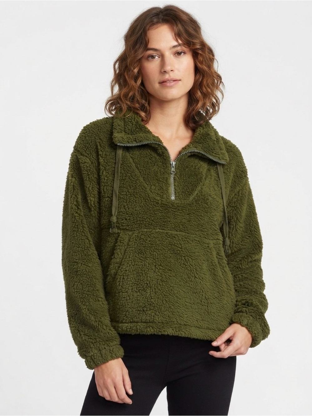 FP Movement Big Sky High Neck Pullover Green Fuzzy Sherpa Fleece XS